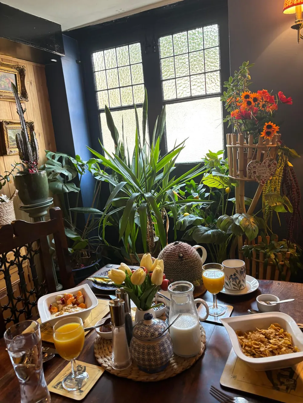 The plant-filled breakfast room at The Blue Boar Inn set for breakfast