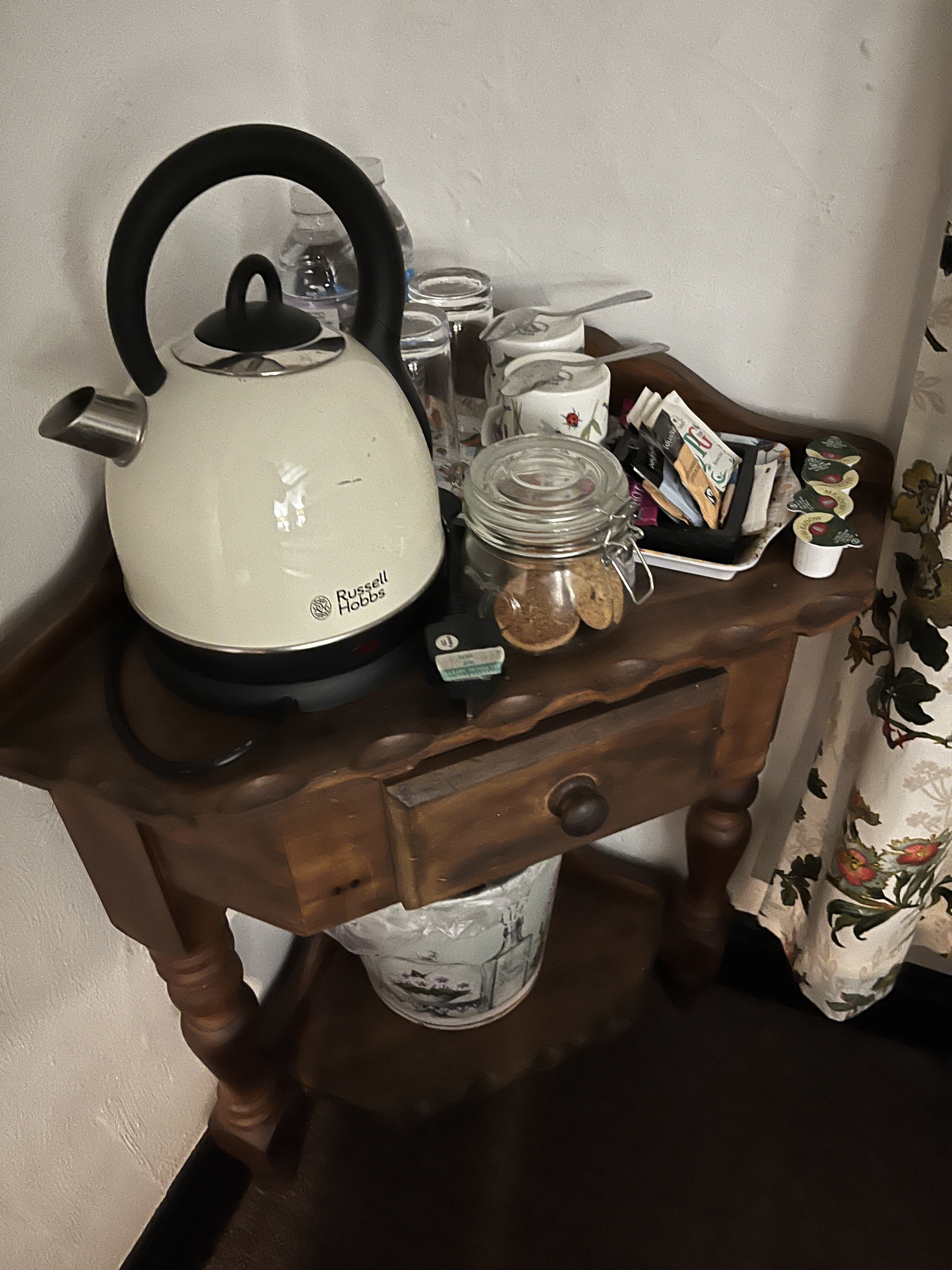 Welcome tea and coffee tray with kettle and biscuits